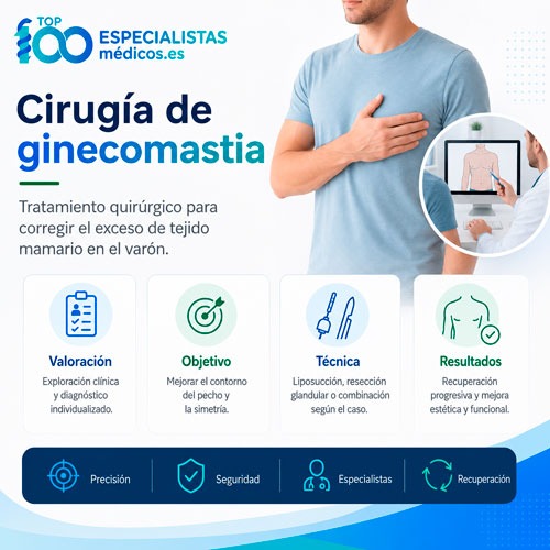 Infografía sobre cirugía de ginecomastia con información sobre valoración, técnica quirúrgica y resultados.