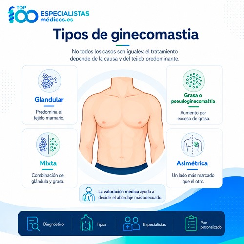 Infografía médica con los diferentes tipos de ginecomastia y pseudoginecomastia en hombres.